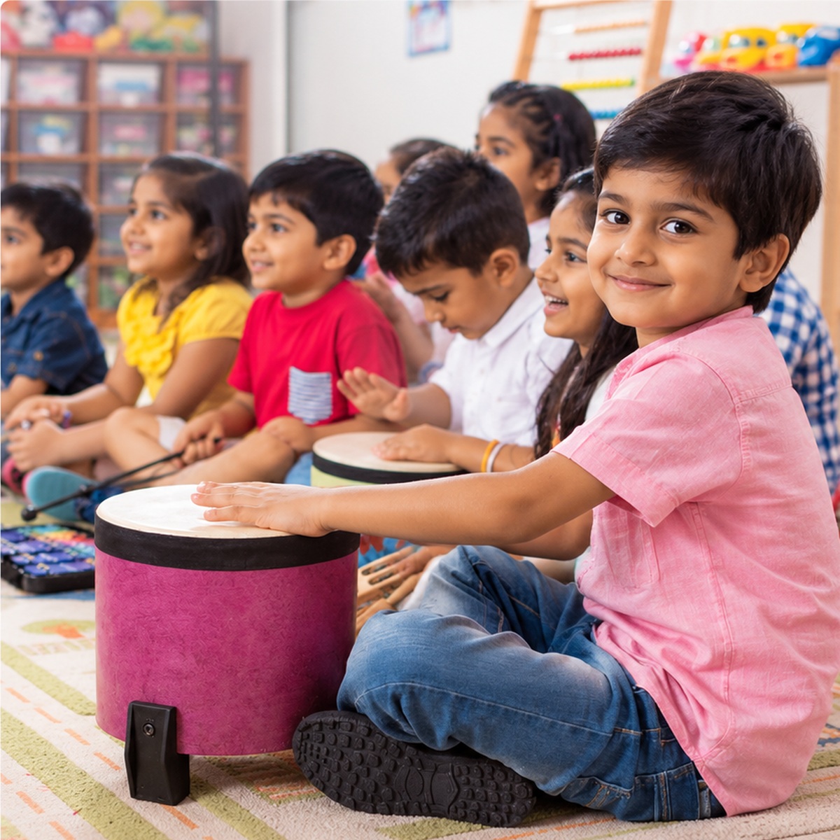 Children sitting together and playing drums in a music activity