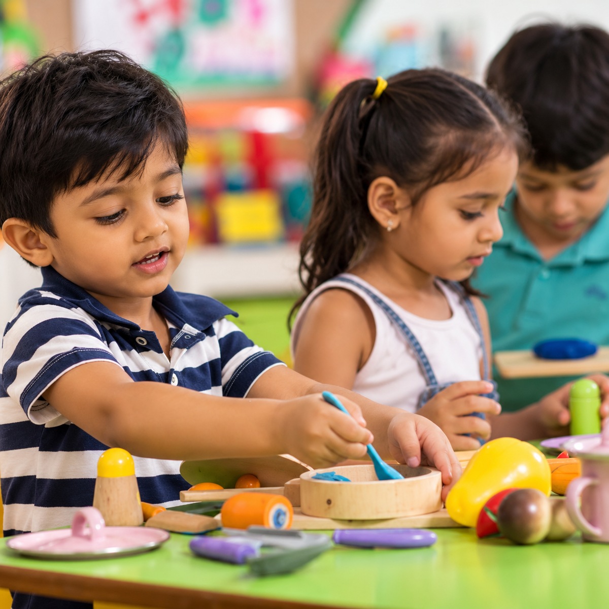 Three Indian children playing with toy kitchen food at a green table in a preschool