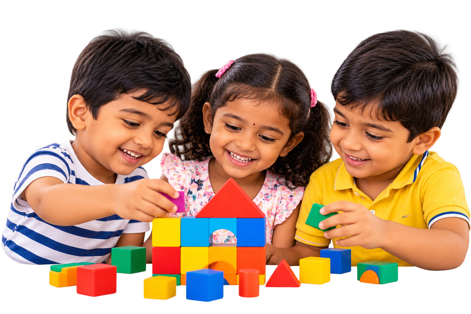 Three happy Indian preschool children building a house from colourful blocks