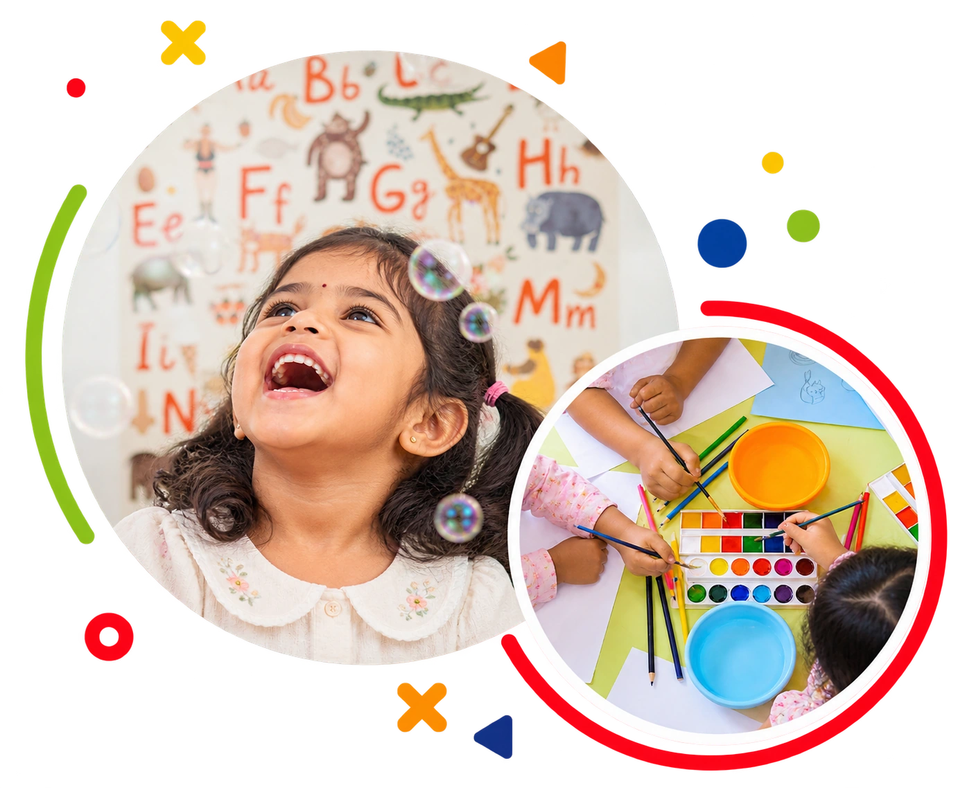 A happy Indian girl laughing among soap bubbles, and children painting together at a table