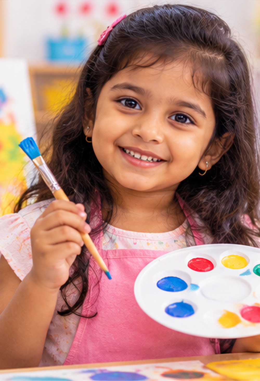A smiling Indian girl holding a paint palette and brush