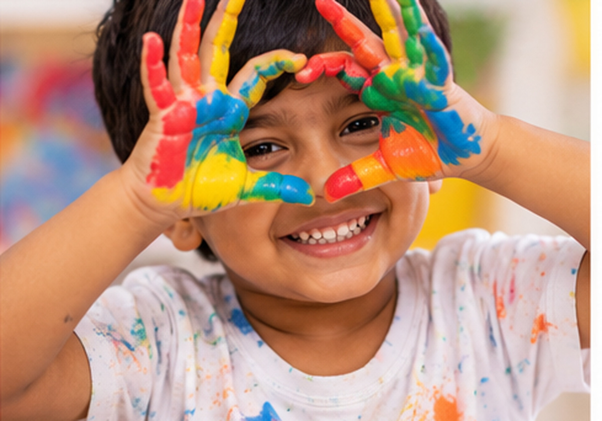 A child making a heart shape with paint-covered hands