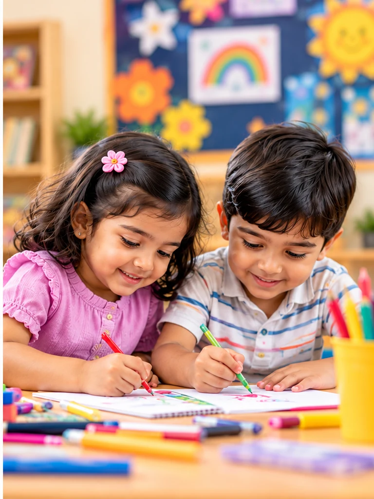 Two Indian children drawing and colouring together at a table
