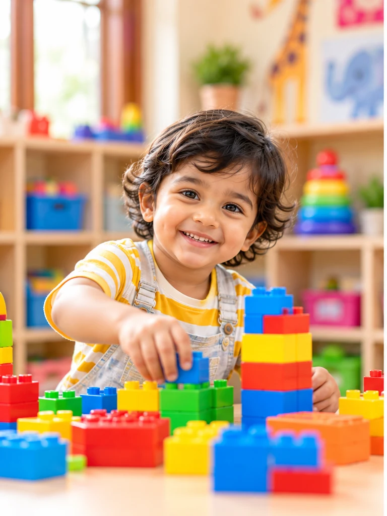 A smiling Indian child playing with colourful building blocks