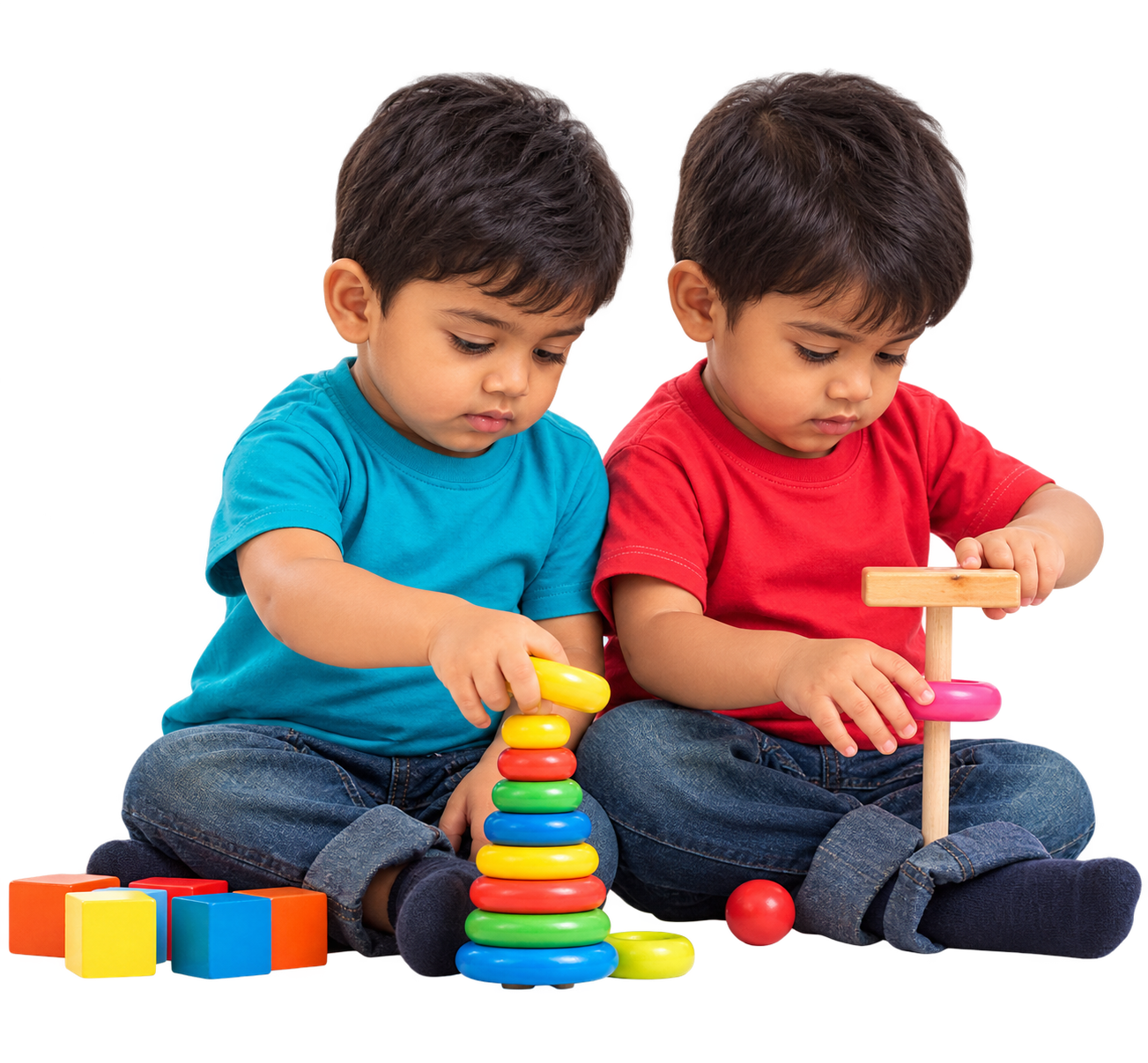 Two toddlers playing together with colourful stacking toys