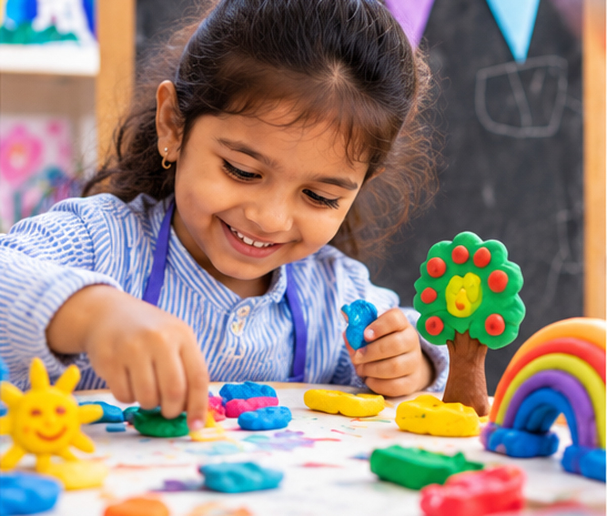 A girl smiling as she shapes colourful clay