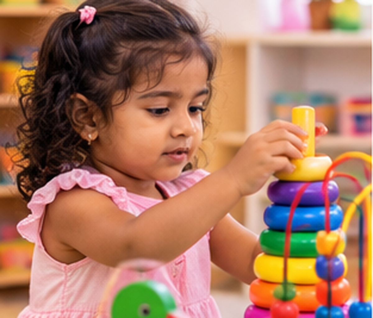 A young child playing with a colourful stacking toy