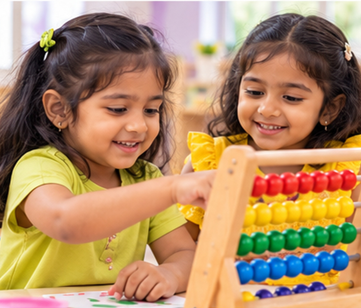 Two children counting beads together on an abacus