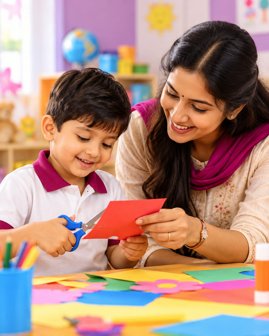 A smiling teacher helping a young boy in a white and magenta polo shirt cut coloured paper in a bright classroom