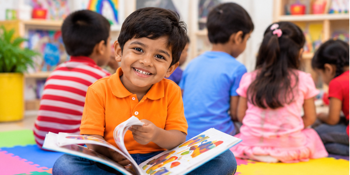 A smiling child reading a picture book with classmates