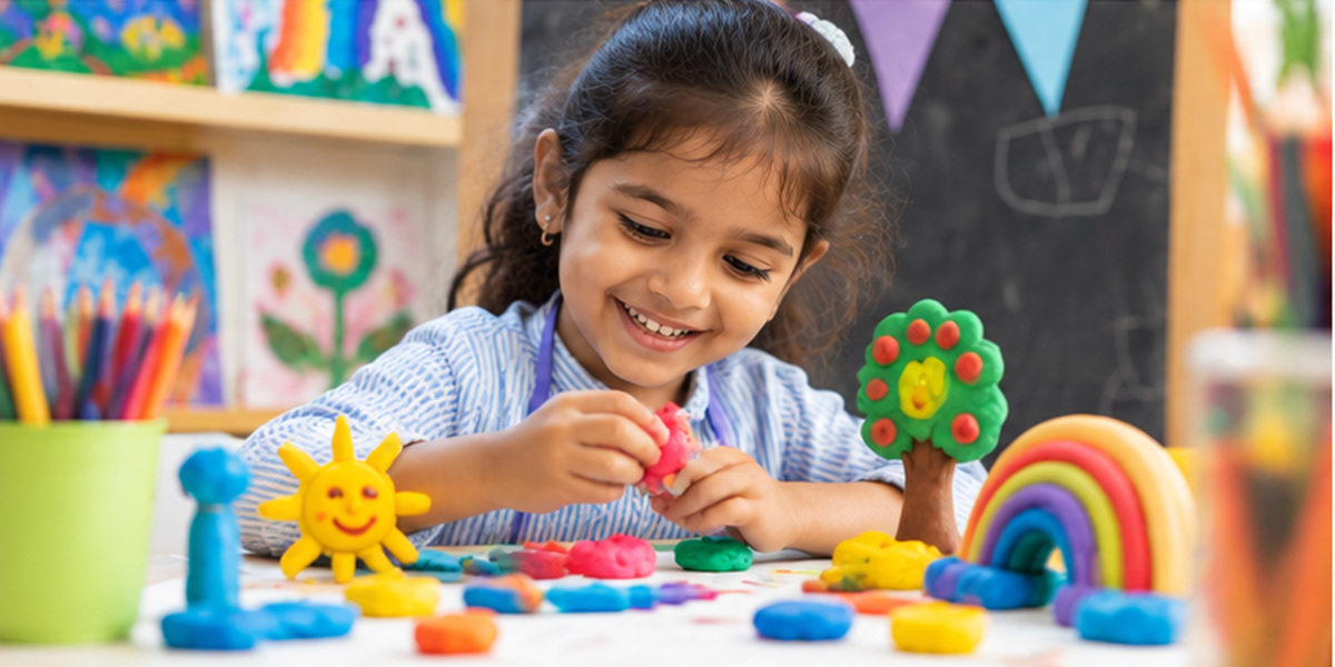 A child smiling while working on a colourful craft activity