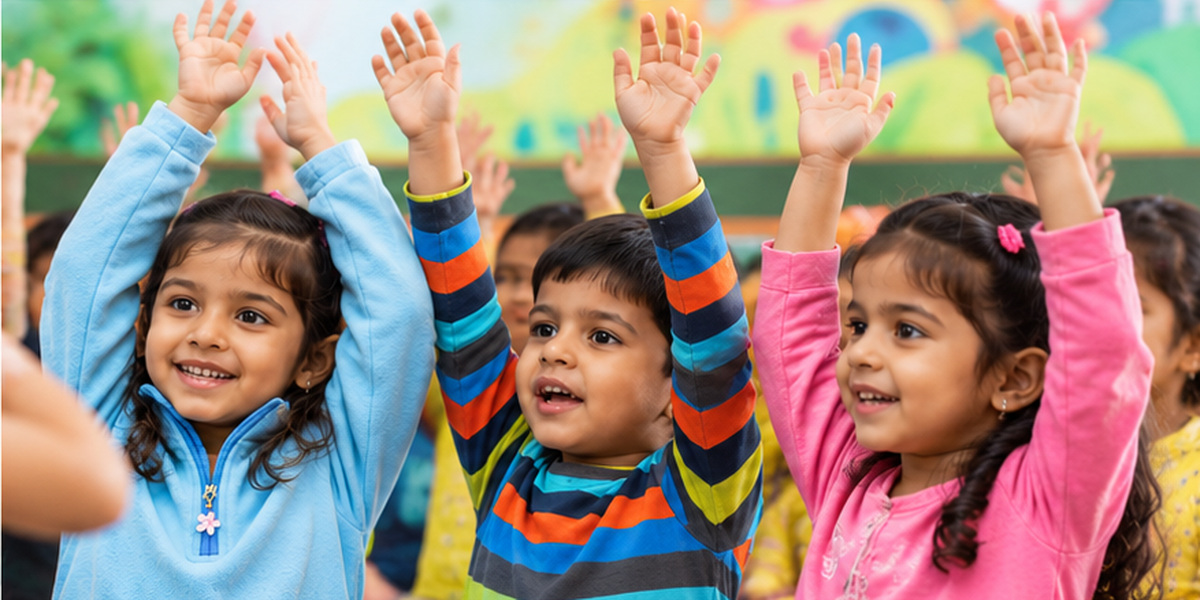 Children raising their hands together in an activity