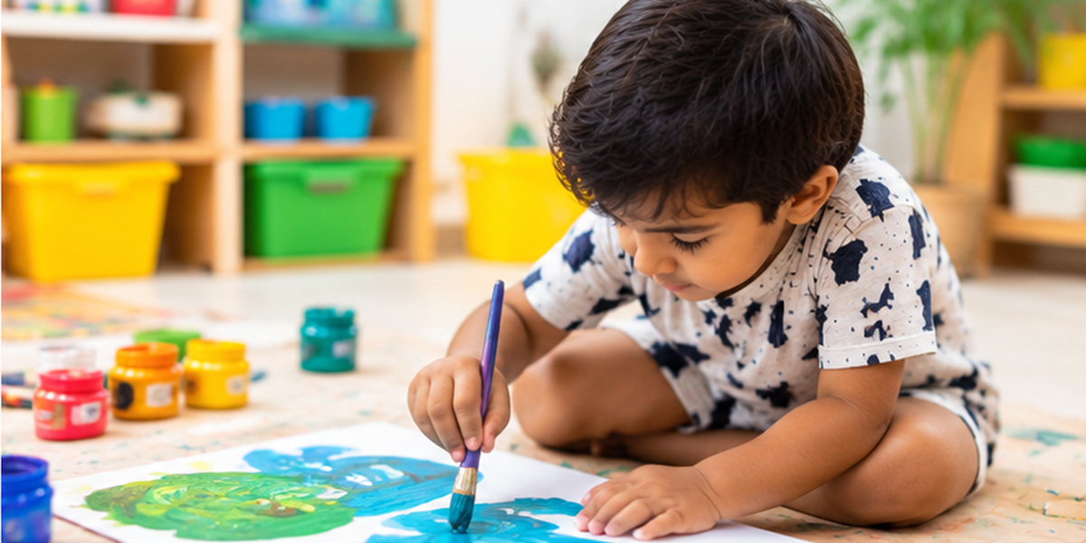 A child painting with a brush on a large sheet of paper