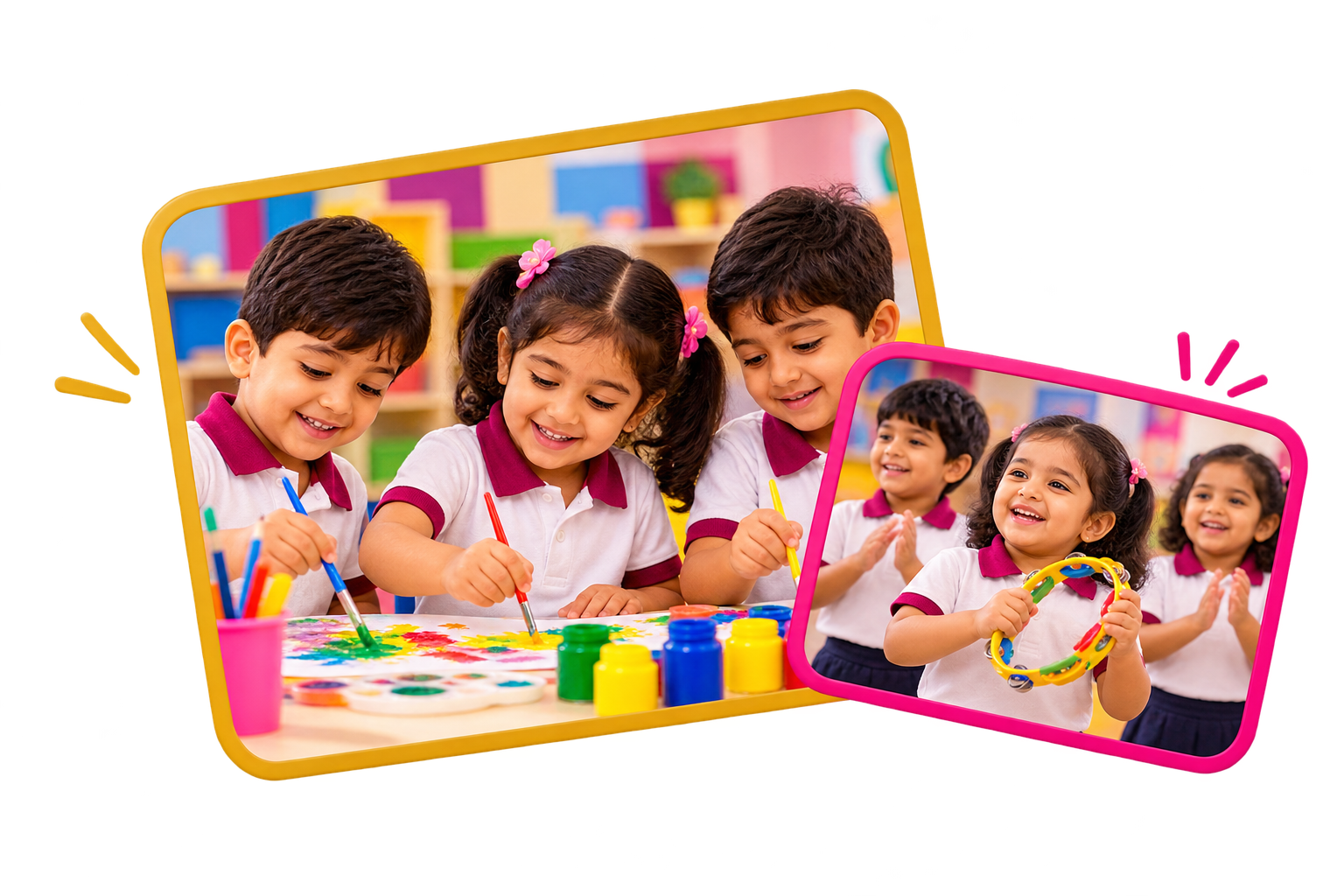 Collage of two photos: preschool children painting together, and a child playing a tambourine while classmates clap