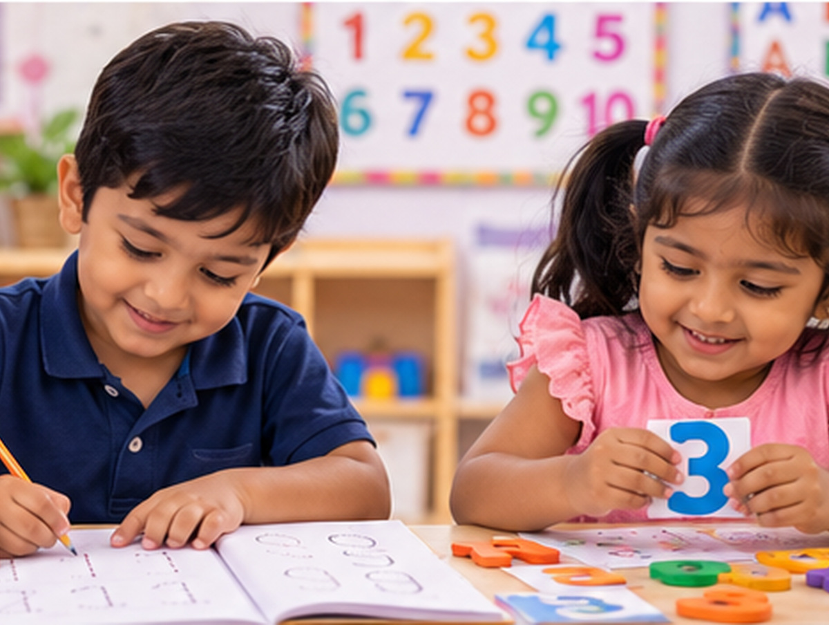 Two smiling girls at a table with books and colouring pencils