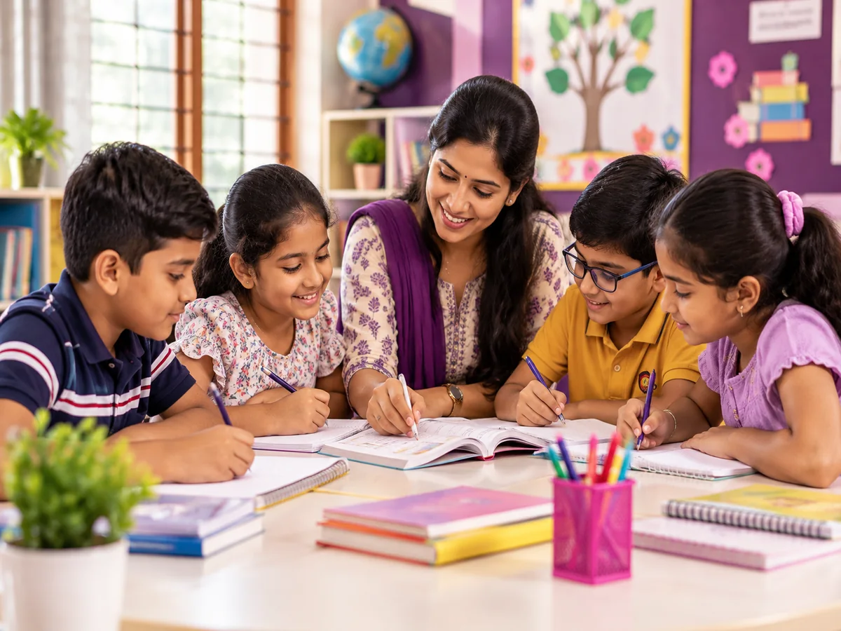 An Indian tutor helping schoolchildren study at a table in a bright classroom