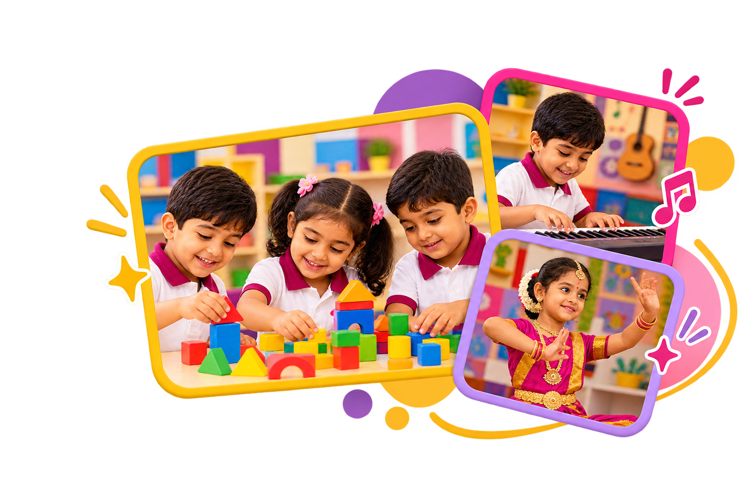 Collage of three photos: children building with colourful blocks, a boy playing the keyboard, and a girl in a classical dance costume