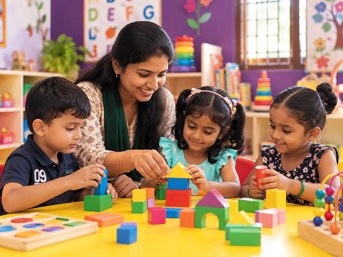 A teacher helping three young children build with colourful blocks at a yellow table in a bright classroom